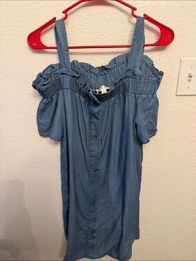 Blue Off-Shoulder Chambray Dress